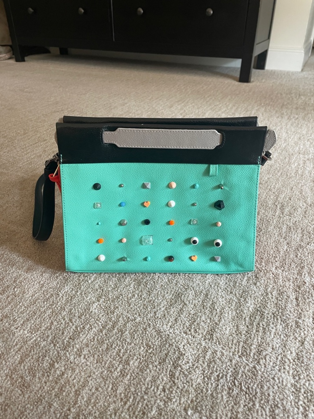 Min & Mon Teal Crossbody with Black Trim and Multicolor Studs
